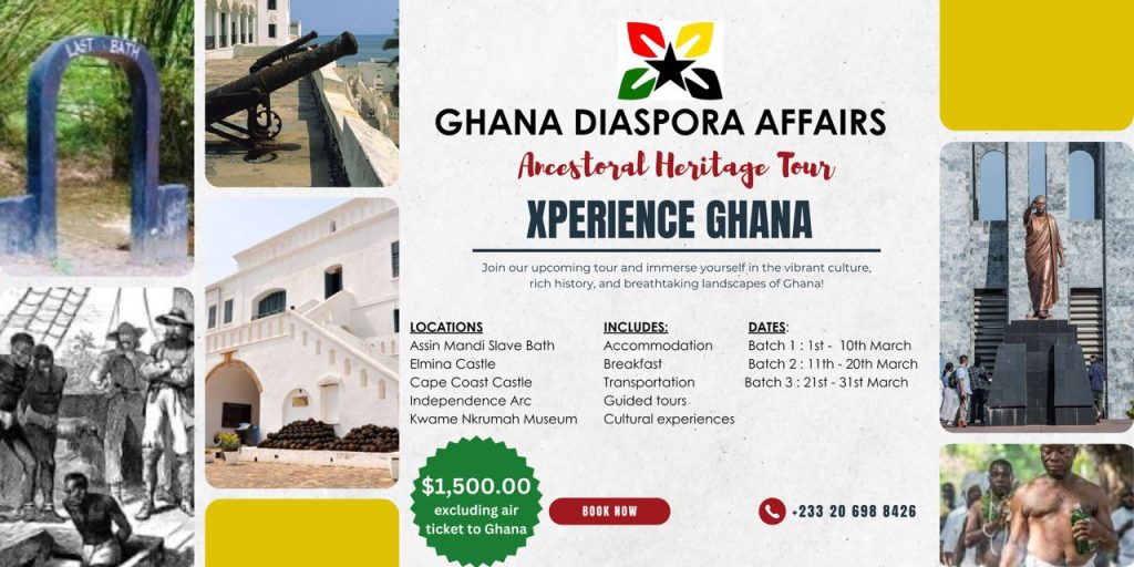 flyer showing Ghana diaspora upcoming event neamed Ancestral Heritage Tours in March 2025